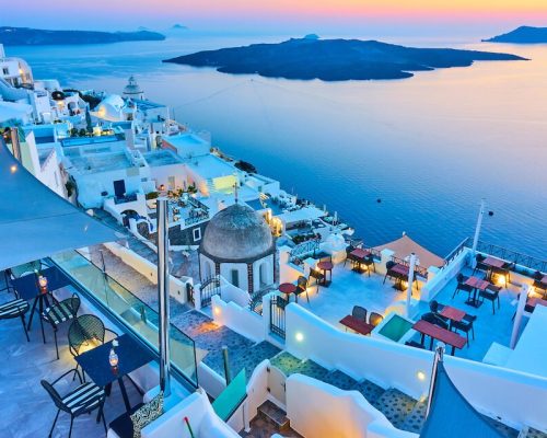 Evening in Santorini - Thira town and Aegean sea at sundown, Greece - Landscape